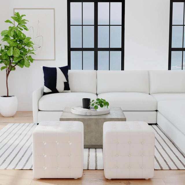 Transitional Leon Leather Ottoman, White For Sale - Image 3 of 8