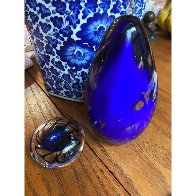 Glass 1970s Pair of Blue Glass Paperweights For Sale - Image 7 of 12