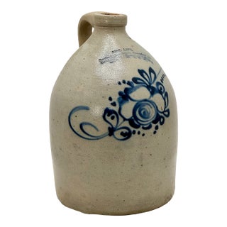 Unusual Antique American Blue Flower Decorated 2 Gallon Jug With Otsego New York Stoneware Merchants Name & Info Circa 1870s For Sale