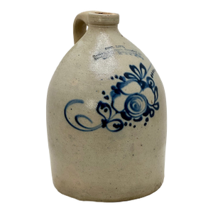 Unusual Antique American Blue Flower Decorated 2 Gallon Jug With Otsego New York Stoneware Merchants Name & Info Circa 1870s