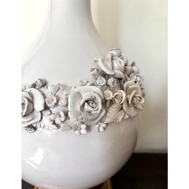 1960s Pair of 1960s Tall White Italian Porcelain Floral Lamps by Marbro For Sale - Image 5 of 7