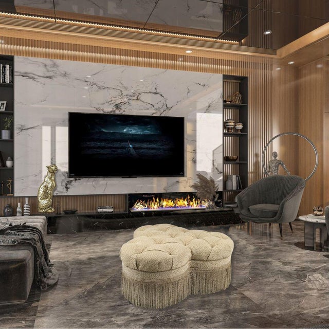 Ethan Allen Ethan Allen Animal Print Tufted Quatrefoil Ottoman With Bullion Fringe For Sale - Image 4 of 11