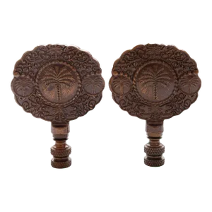 Antiqued Brass Medallion Palm Tree Lamp Finials - a Pair