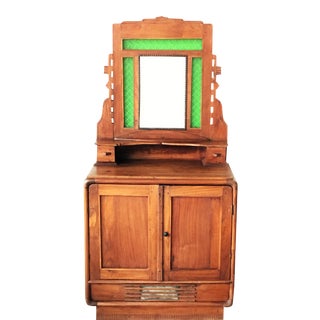 Oak Sideboard With Mirror & Green Glass For Sale