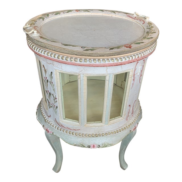 Vintage Round End Table With Removeable Tray Top and Glass Door Opening to Inside Near Denver