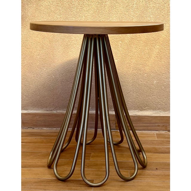New Metal Fleur Side Table with Oak Wood Top Indoor and Outdoor For Sale - Image 9 of 18