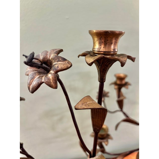 Vintage Italian or French Style Solid Brass Five-Light Floral Tole Candelabra With Original Gilt Finish For Sale - Image 9 of 14