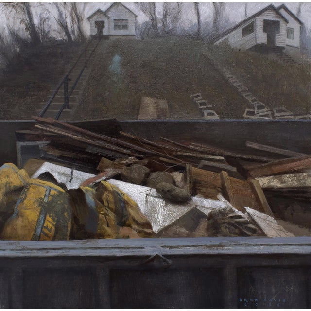 Rehab by Brad Davis | Oil on Wood Panel Depiction of a dumpster with debris and distant houses. For Sale