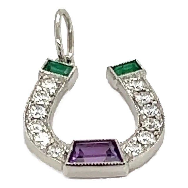 Tiffany & Co. Platinum Diamond Emerald Amethyst Horseshoe Charm Pendant For Sale