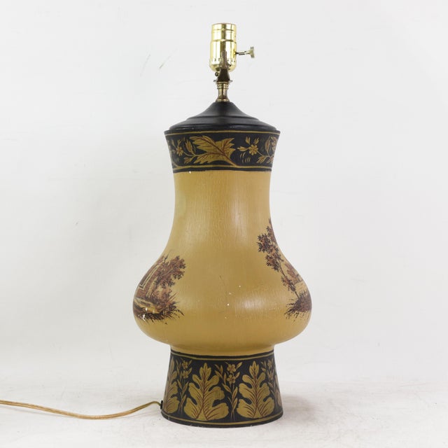 Mid 20th Century Vintage Hand Painted Table Lamp Mustard Yellow Country Landscape With Bridge and Foliage Motif For Sale - Image 5 of 12