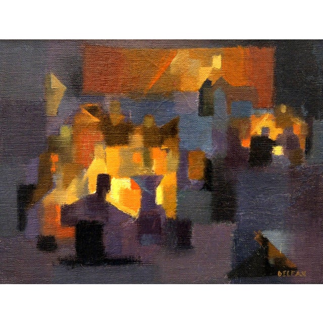 A dramatic Mid-Century city nocturne by notable artist Andre Delfau. Artwork size: 8 3/4" x 10 1/2". Framed size: 12"x 14...