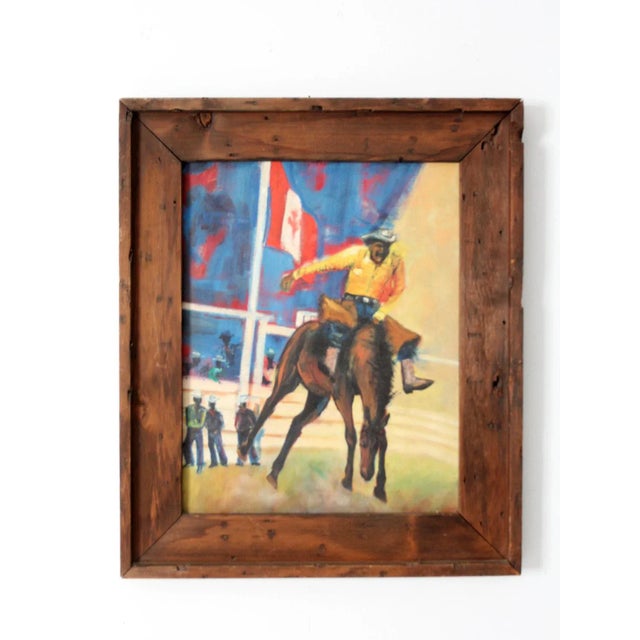 This vintage oil painting depicts a dynamic rodeo scene, with riders in action set against a background featuring a waving...