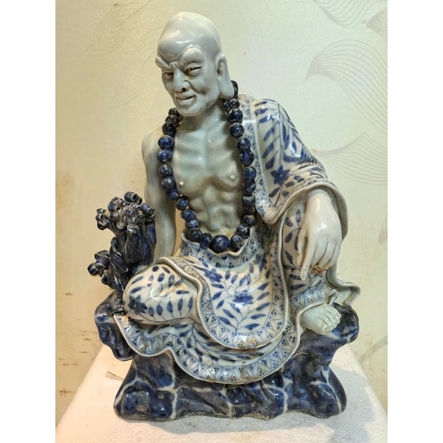 Early 20th Century Chinese Vintage Ceramic Buddhist Sculpture,Hand Carved Blue and White Porcelain the Eighteen Arhats Statue For Sale - Image 5 of 9