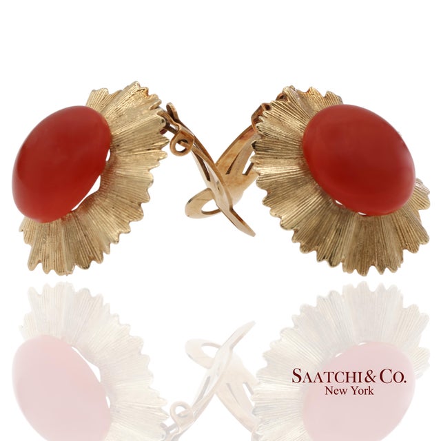 Mid 20th Century Vintage Gia Certified 14k Yellow Gold Natural Coral Earrings With Omega Back, Pair For Sale - Image 5 of 13