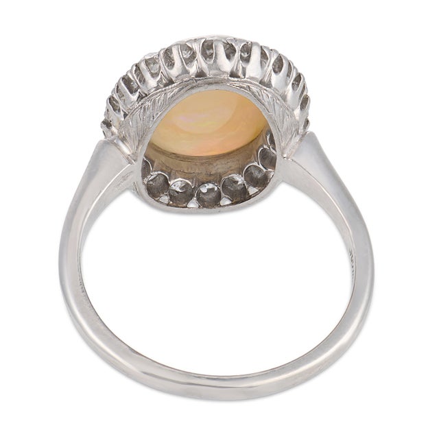 Mid Century Opal Old European Cut Diamond Platinum Cluster Ring, Size 6 For Sale In Los Angeles - Image 6 of 6