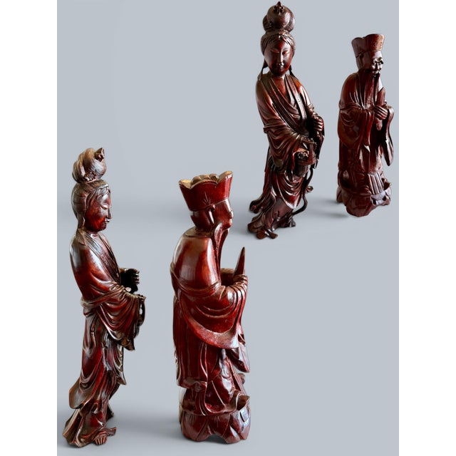 Red Late 20th Century Hand Carved Chinese Guanyin & Scholar Figures Pair-Rosewood-Asian-Sculpture-Kwan For Sale - Image 8 of 11