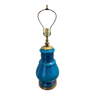 Mid-Century Turquoise Ceramic and Brass Lamp For Sale