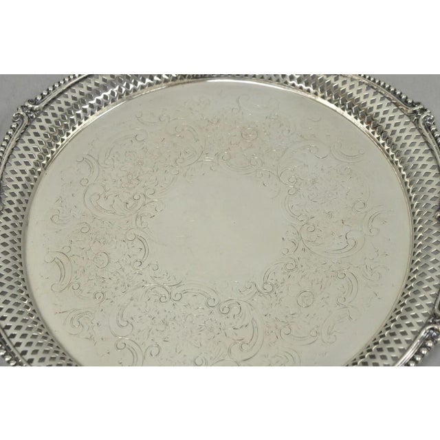 Mid 20th Century Vintage Barker Ellis English Edwardian Silver Plated Pierced Round Platter Tray For Sale - Image 5 of 14