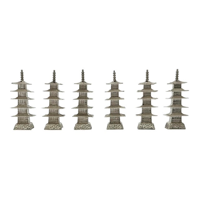 1950s Vintage Chinoiserie Chippendale Hollywood Regency Sterling Silver Pagoda Pepper Shakers - Set of 6 For Sale