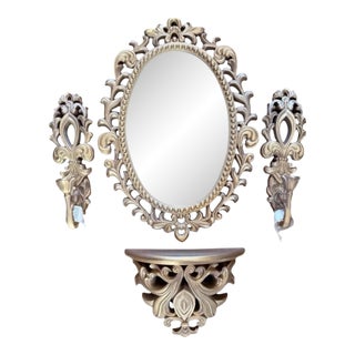 Vintage Ornate Gold Wall Mirror Set With Shelf and Candleholders For Sale