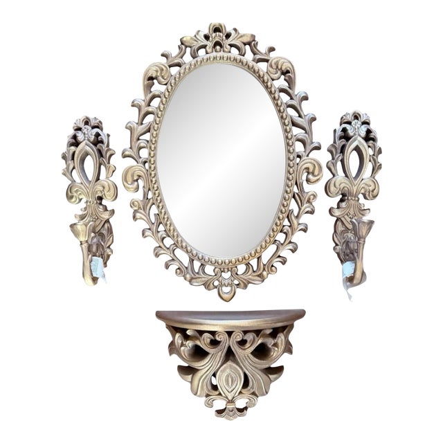 Vintage Ornate Gold Wall Mirror Set With Shelf and Candleholders For Sale