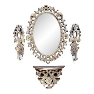 Vintage Ornate Gold Wall Mirror Set With Shelf and Candleholders
