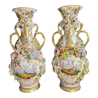 Pair of Mid 19th Century Rockingham Porcelain Vases With Applied Floral Decoration and Gilt Accents For Sale