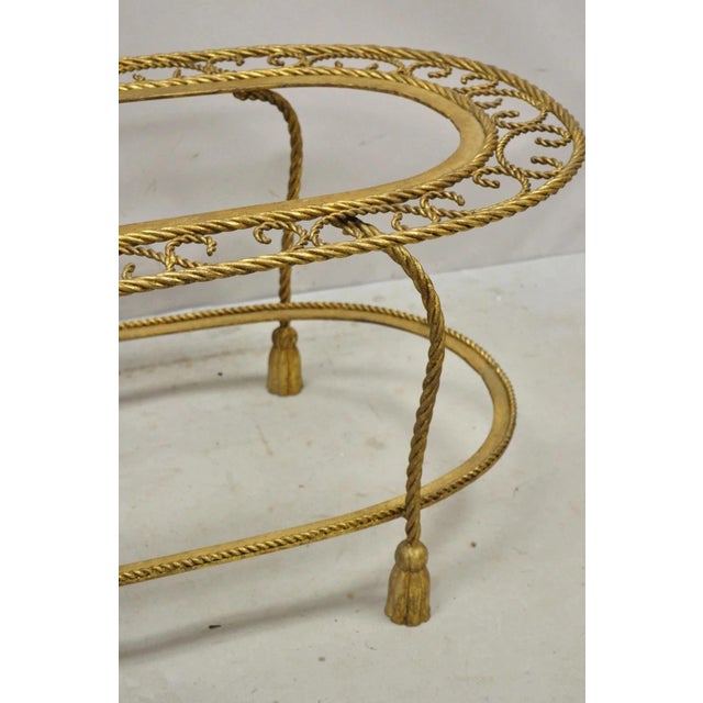 Mid 20th Century Italian Hollywood Regency Gold Gilt Iron Oval 2 Tier Rope Tassel Coffee Table For Sale - Image 4 of 10
