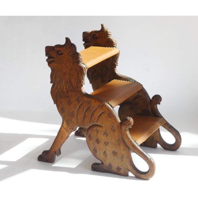 19th Century Victorian Oak Gothic Library Steps with Lion Figures For Sale - Image 6 of 11