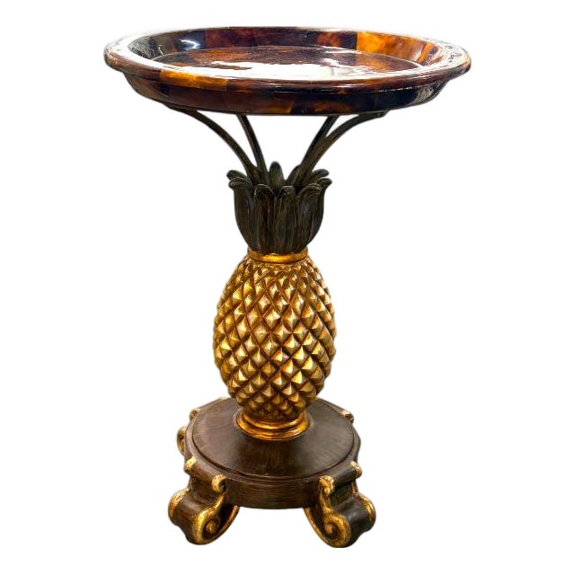 Vintage Hollywood Regency Faux Tortoiseshell Tray Top Pineapple Pedestal Accent Table For Sale