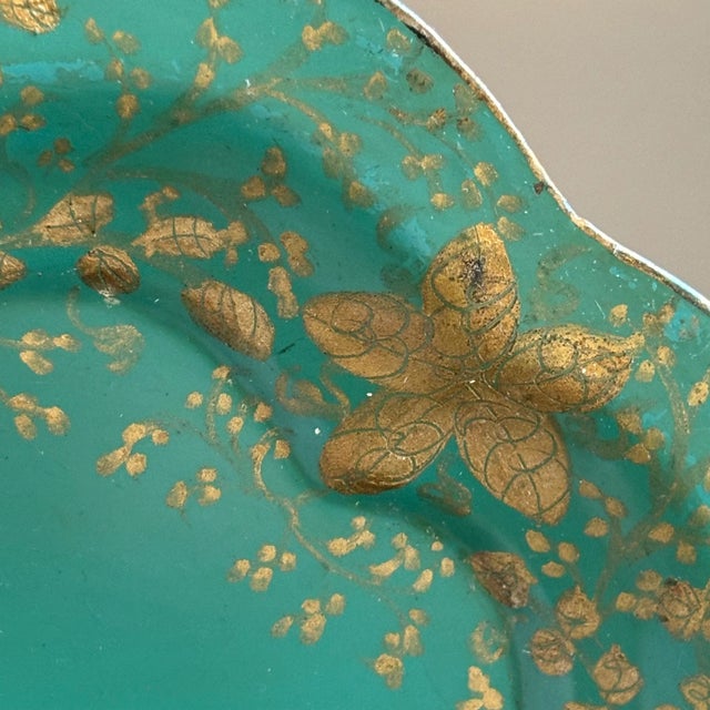 Early-20th Century Hand-Painted Teal & Gold Tole Serving Tray For Sale - Image 10 of 17