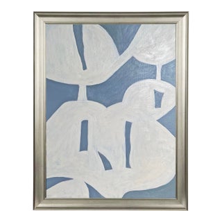 Air and Tide Original Abstract Coastal Painting, Blue & White Minimalist Art, Framed Contemporary Canvas For Sale