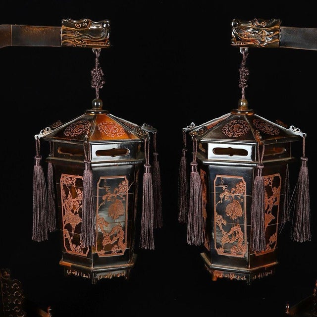 This is a matching pair of vintage decorative lantern ornaments, finely carved from horn. Each lantern features a...