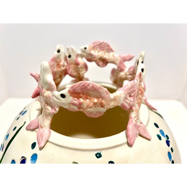 Sue Mattox Signed Art Pottery Vase Koi Fish Rim Sculptural Coastal Vessel For Sale - Image 9 of 13