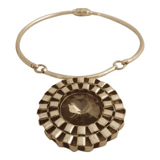 1970s Artisan Silver & Smoky Crystal Pendant Collar Necklace For Sale