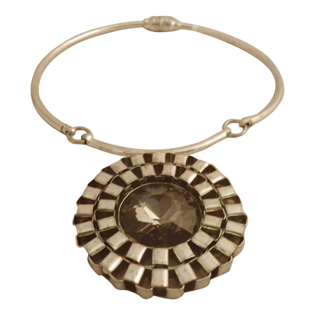 1970s Artisan Silver & Smoky Crystal Pendant Collar Necklace For Sale