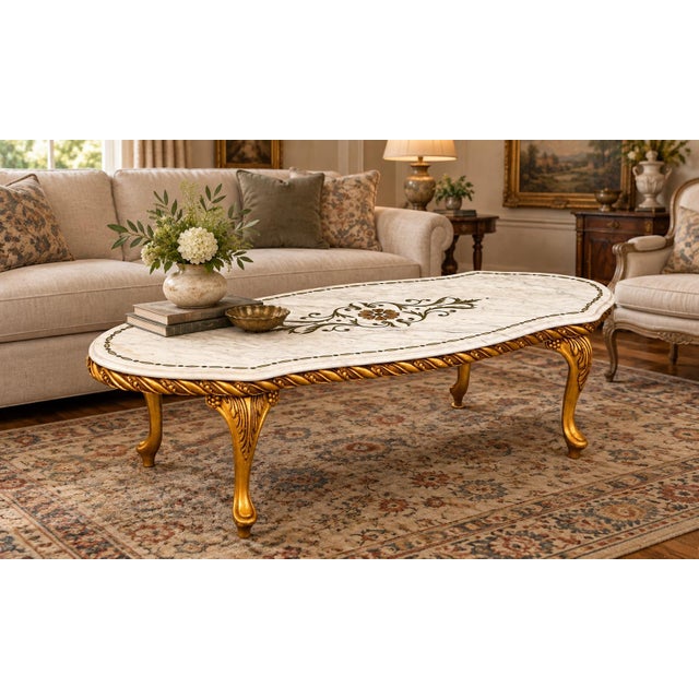 Mid 20th Century Rococo Etched Floral Motif Marble Top Giltwood Coffee Table For Sale - Image 10 of 10
