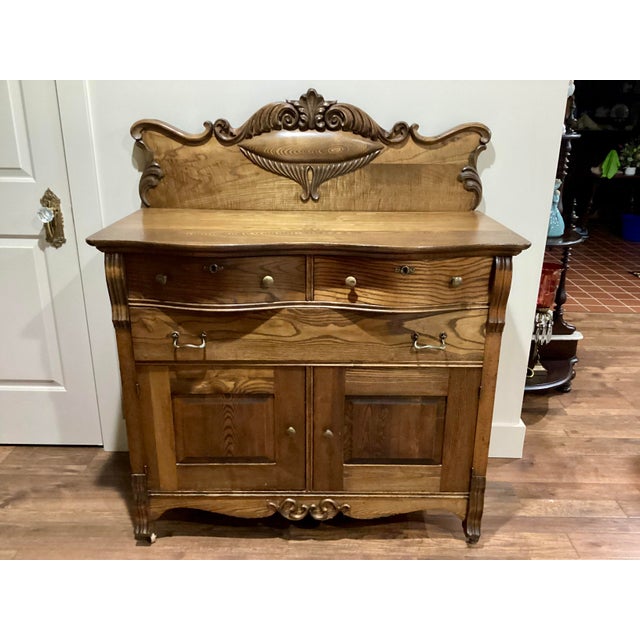 Antique Solid Oak 1800's Sideboard Buffet Cupboard Fancy Carving All Original For Sale - Image 9 of 11