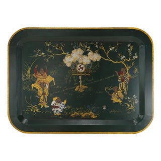 Vintage Dark Green Lacquer Rectangular Tray With Hand Painted Gold Asian Festival Scene and Chinoiserie Style For Sale