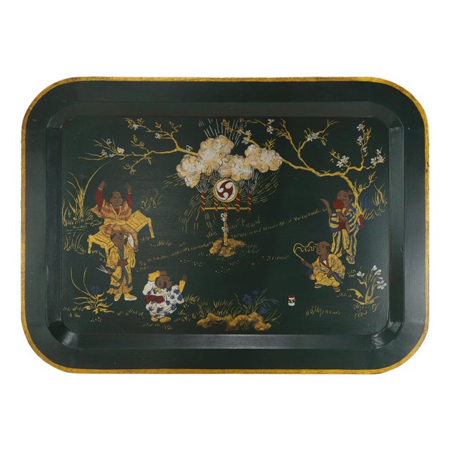Vintage Dark Green Lacquer Rectangular Tray With Hand Painted Gold Asian Festival Scene and Chinoiserie Style For Sale