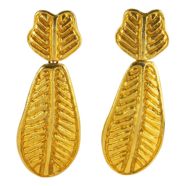 Sonia Rykiel Gilded Floral Dangle Clip Earrings with Palmtree Design For Sale