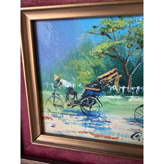 Wood 1970s Vintage Asian Rickshaw Street Scene Oil Painting on Plywood – Framed For Sale - Image 7 of 8