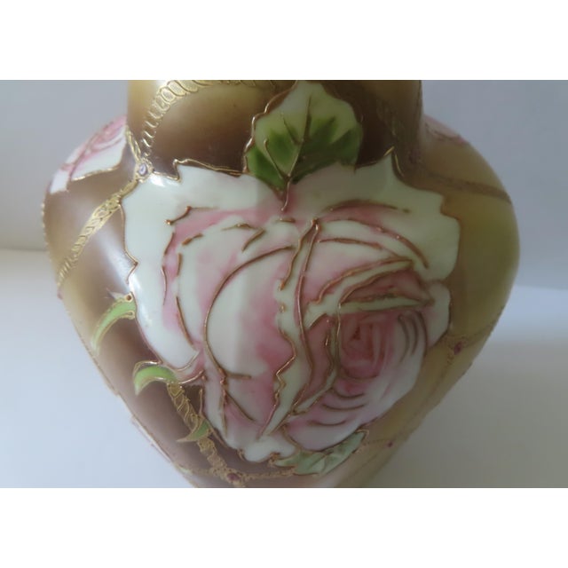 Antique Nippon Vase - Pink Roses & Gold Rope | Chairish