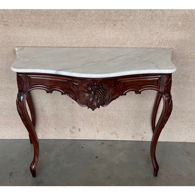 French French Regency Carved Walnut Console Table With White Marble Top For Sale - Image 3 of 12