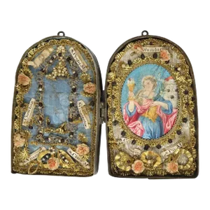 Italian Brass Cased Beaded Metallic Thread Portable Saint Relic Case