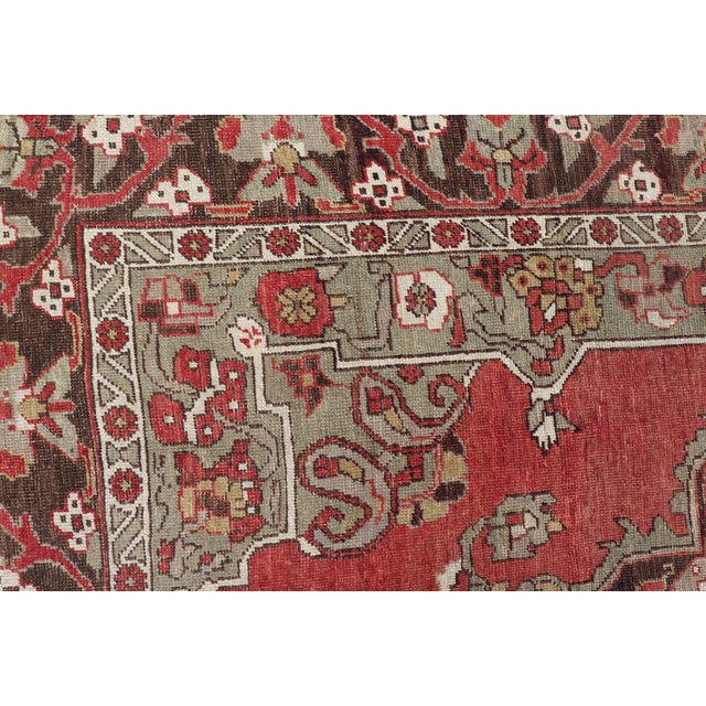 Antique Turkish Oushak Rug With Medallion in Soft Red, Light Green & Brown For Sale - Image 14 of 16