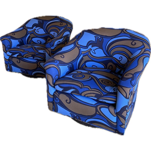 Mid-Century Modern 1960s Pair Milo Baughman Swivel Chairs Jack Lenor Larsen Fabric For Sale - Image 3 of 7