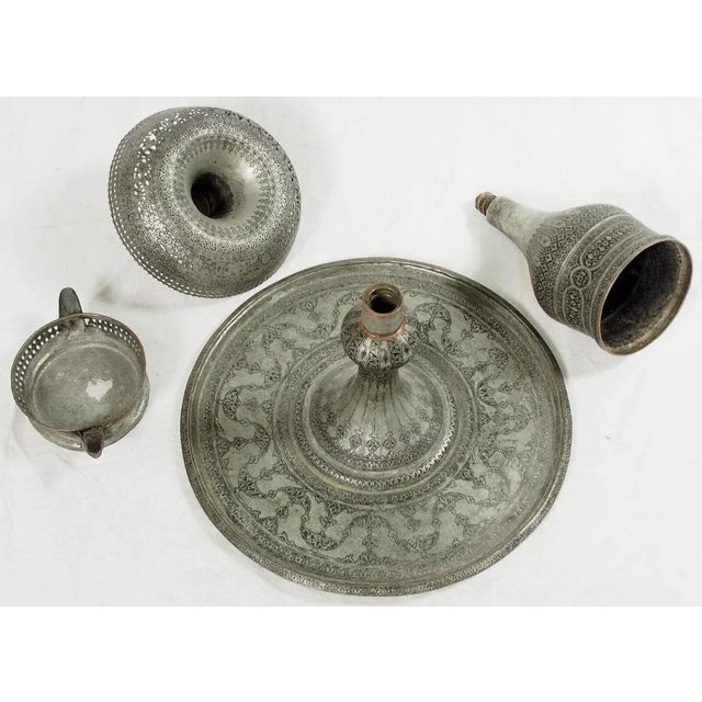 Antique Central Asian Copper Tinned Islamic Engraved Oil Lamp, 1890s For Sale - Image 9 of 13