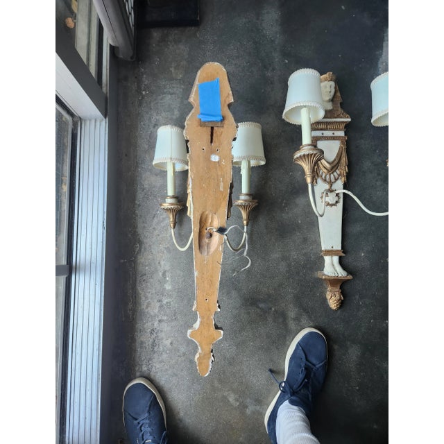 Italian Egyptian Revival Carved Wood Pharoah 2 Arm Sconces - A Pair For Sale - Image 9 of 10