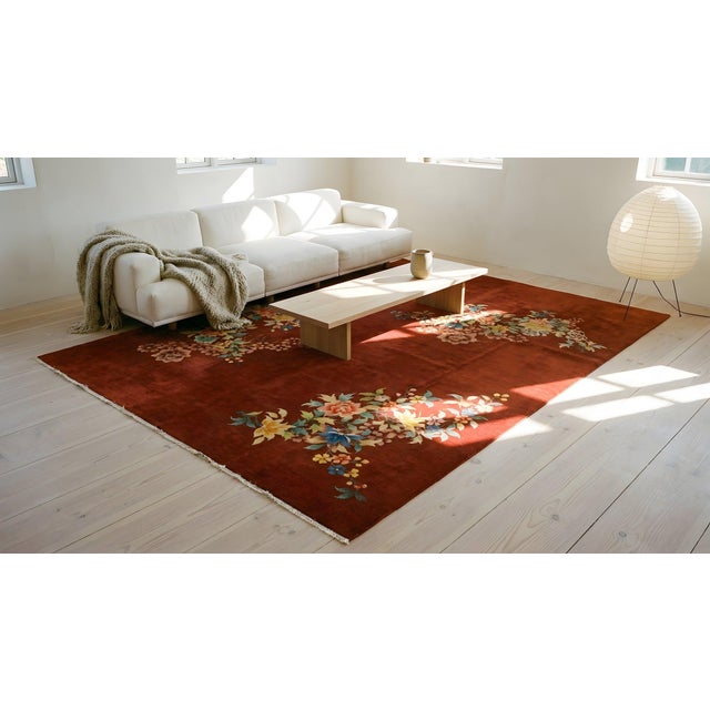 1930s Red Modernist Flowers Antique Chinese Art Deco Carpet 8'10'' X 11'4'' Knotted Wool Rug For Sale - Image 15 of 15